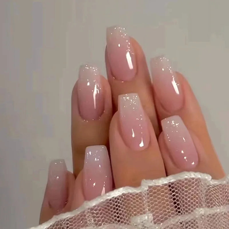 Pink Gradient Glitter Fake Nails - Stylish, Long lasting, and Easy to Apply!