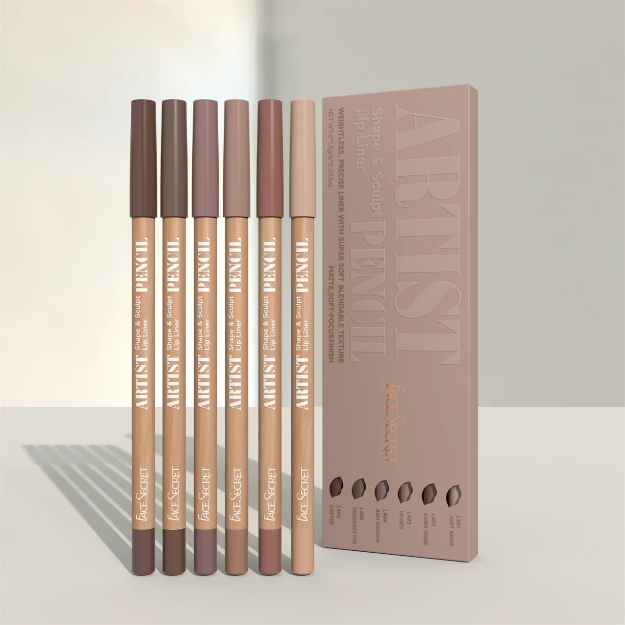 close up six pieces nude-brown lip liner pencils